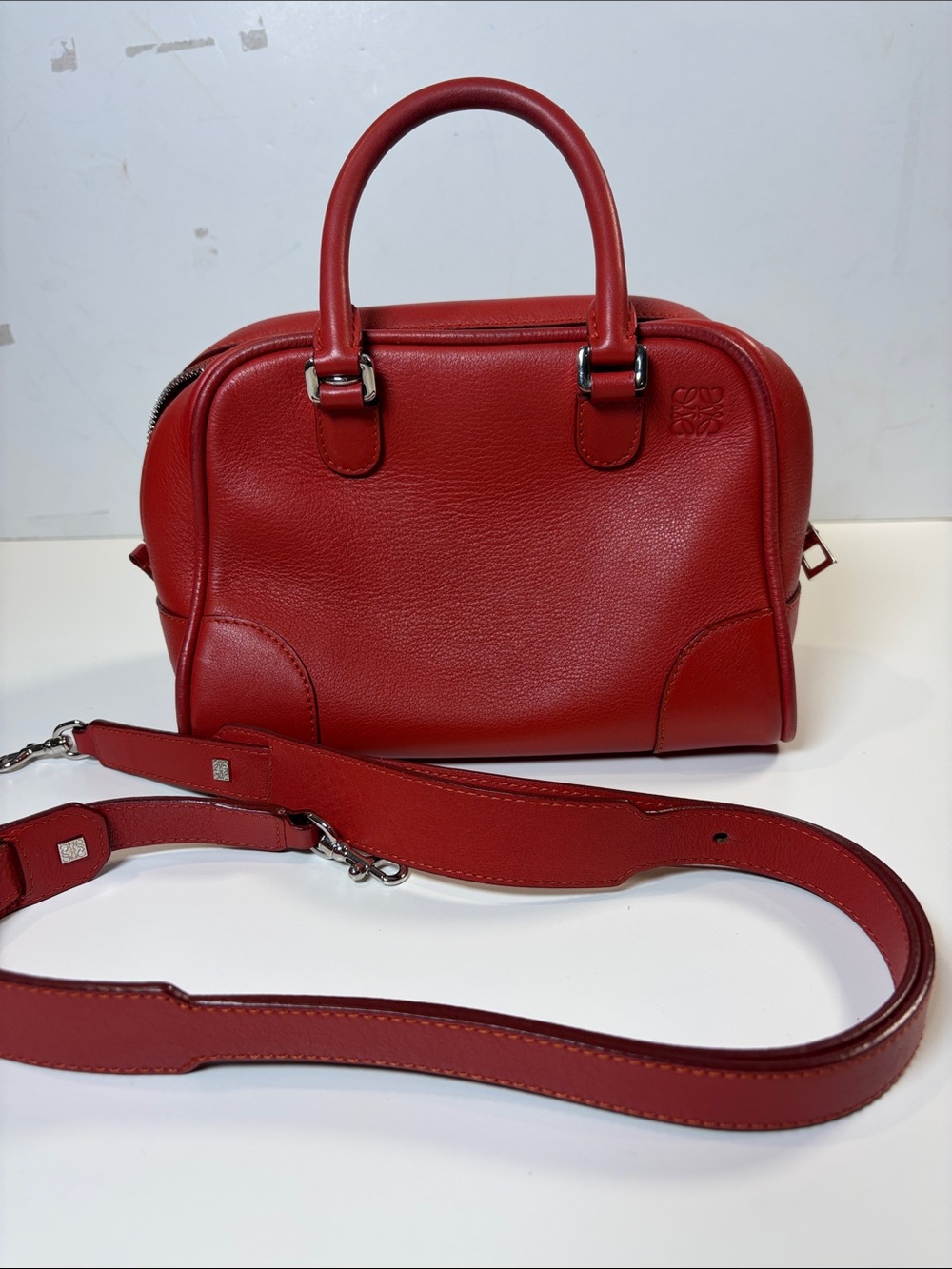 Authentic Loewe Amazona 23 Red Leather Boston Bag with Strap